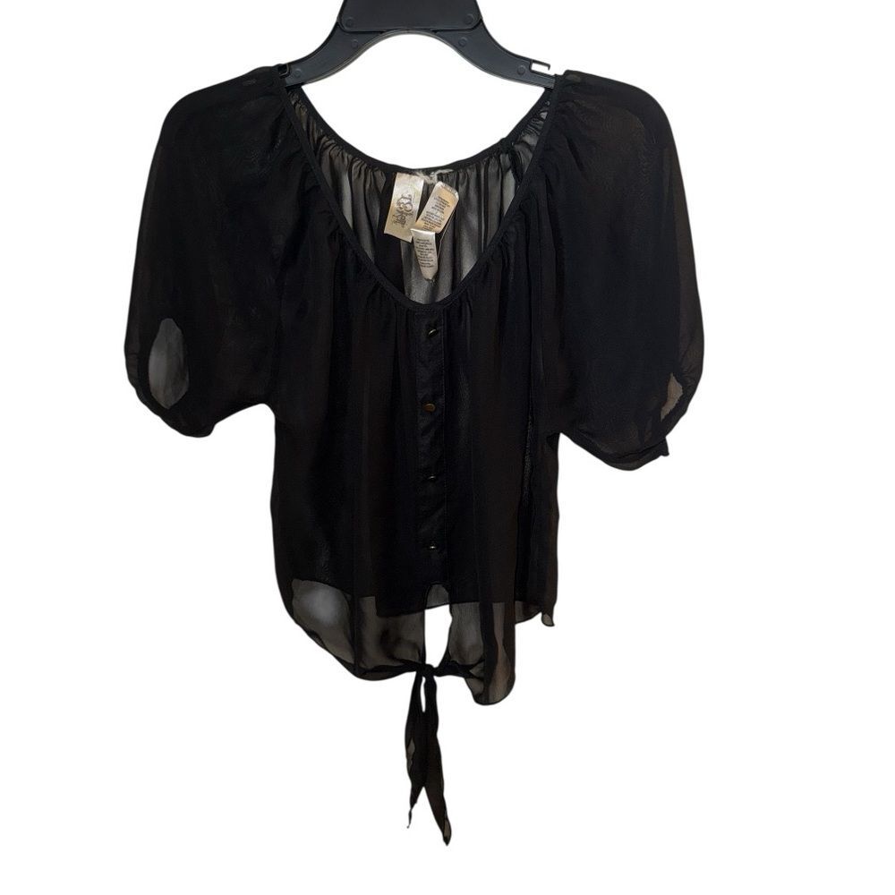 L8ter Black Sheer Cover Crop Top Front Tie Whimsical Romantic Goth Style